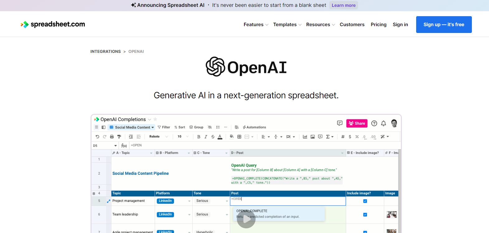 OpenAI in Spreadsheet